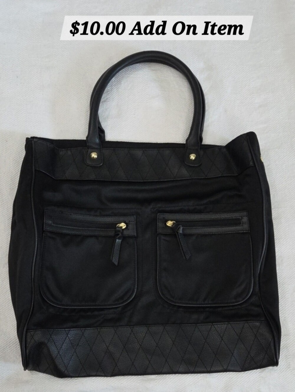Old Navy Black Polyester & Quilted Faux Leather Pocket Tote Bag